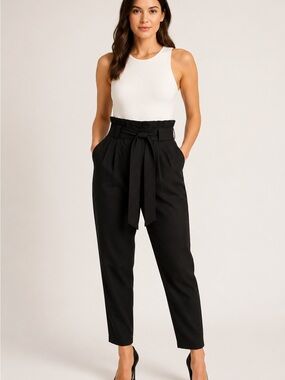 Twik Black Paperbag Waist Tie Belt Tapered Pants Size Small
